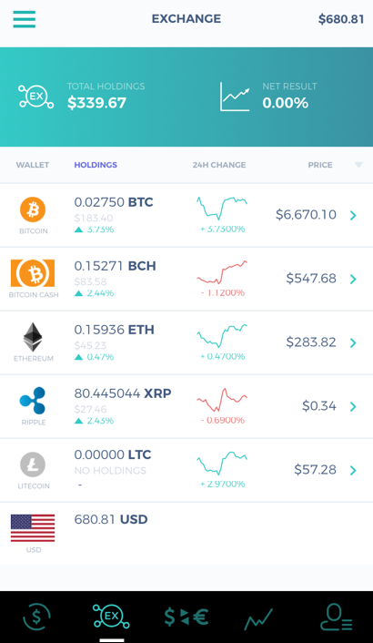 The Hummingbird app’s crypto exchange screen, listing total holdings and each coin’s balance, 24-hour change and price